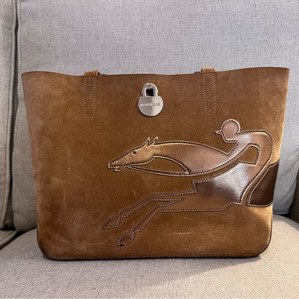 Longchamp Brown Suede Hobo Tote with Horse Rider Applique